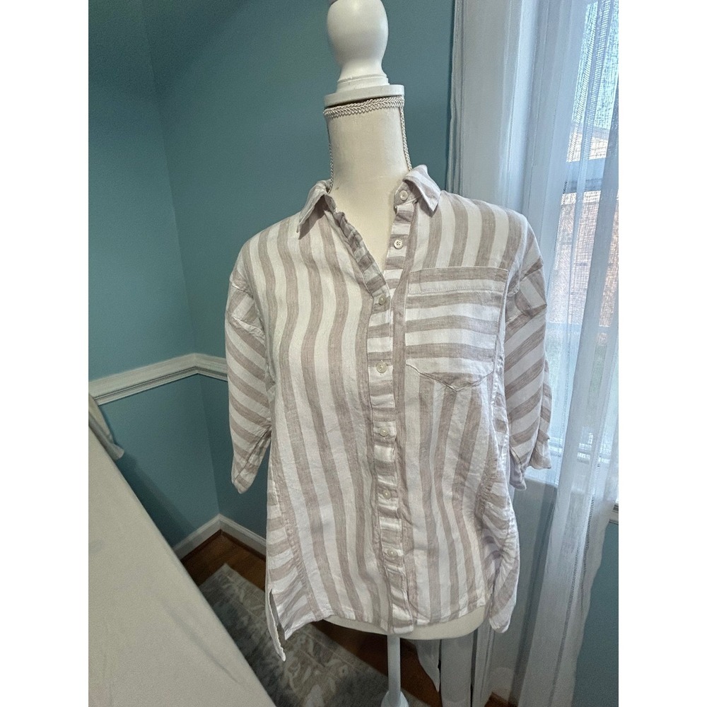 Vineyard Vines Womens 00 Tan White Striped 100% Linen Button‎ Down Shirt Top